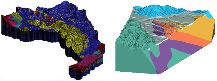 広域地質モデル作成例(左)と断面の見える地質モデル例(右)