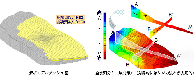 解析モデルメッシュ図と全水頭分布図