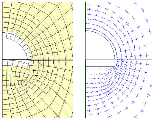 図-4　動的緩和法を用いた掘削解析の例（左：変形、右：主応力分布）