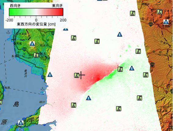 干渉SAR解析により得られた変位量（熊本地震、東西方向）