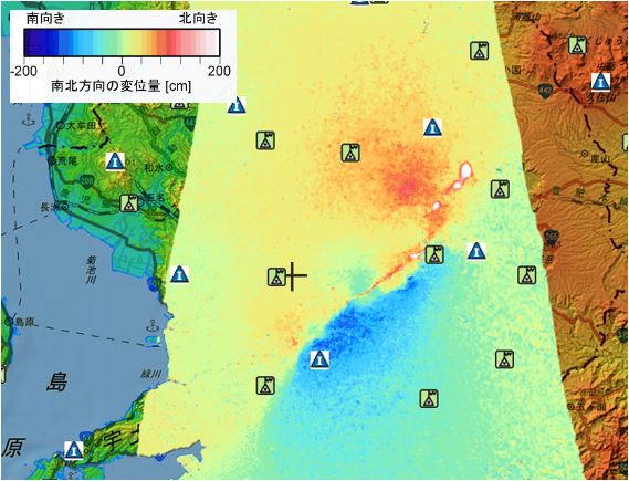 干渉SAR解析により得られた変位量（熊本地震、南北方向）
