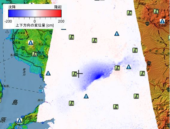 干渉SAR解析により得られた変位量（熊本地震、上下方向）