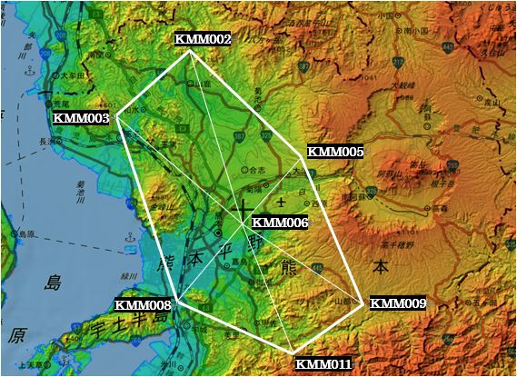 熊本地震の震源付近に配置された観測点の図