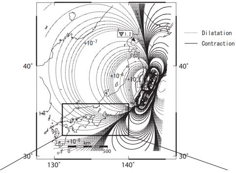断層モデル（国土地理院,2011）による体積ひずみ