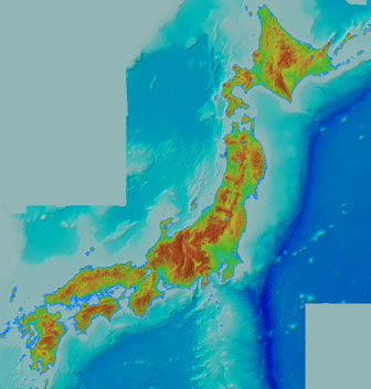 図-3 日本列島の地形
(標高データは国土地理院ウェブサイトの地理院タイル(海域部は海上保安庁海洋情報部の資料を使用して作成)を使用して表示)