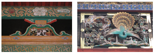 左：岩絵の具で彩色された日光東照宮の眠り猫
右：岩絵の具や金泥で彩色された日光東照宮の孔雀