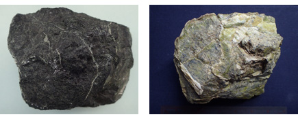 左：蛇紋岩。白色の脈がくっきり。、右：かんらん岩（幌満）。オリーブ色が美しい。