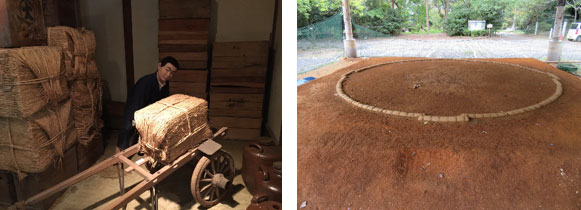 左：昔の商家の作業場の展示（人形の足元の床が土間の三和土です。）
右：神社の土俵（大相撲では呼出しの人たちが作ります。）