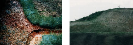 左：黄鉄鉱が酸化して鉄は酸化鉄として沈殿、右：強酸性のため緑化工事（植生吹付）をしても植物が生育しない状態