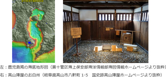 左:鹿児島湾の海底地図、右:高山陣屋のお白州