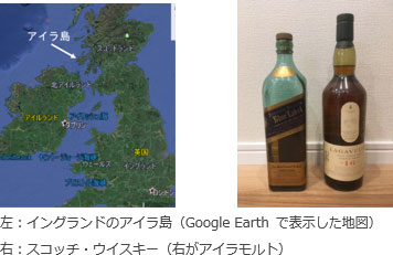 左：イングランドのアイラ島を示した地図、右：スコッチウィスキー画像