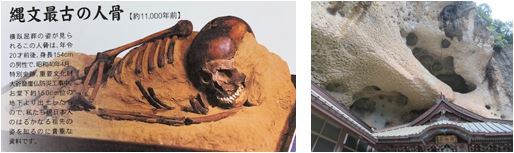 左：大谷寺洞穴遺跡から発掘された縄文時代の人骨（大谷観音宝物館パンフレット）
右：大谷石と渾然一体に建てられた大谷寺
