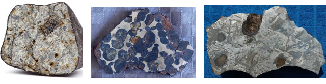 隕石写真－左：石質隕石（チェリャビンスク（Chelyabinsk）隕石）、中：石鉄隕石（ブラヒン（Bragim）隕石）、右：鉄隕石（キャニオン・ディアブロ（Canyon Diablo）隕石）