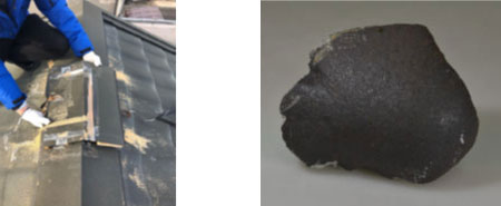 左：修理で切り取られた屋根の一部　　　右：小牧隕石の最大片550g ※記事・画像ともに「国立科学博物館・国立極地研究所・九州大学プレスリリース」（平成31年2月27日）より抜粋
