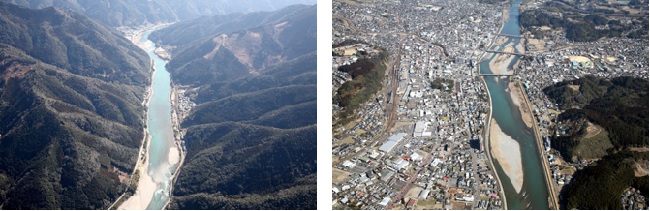 左：球磨村の山間狭窄部の流路の様子　右：人吉市の市街地の流路の様子（国土交通省ホームページ・九州の一級河川・球磨川よりより抜粋）