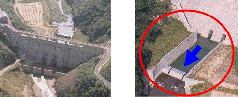 左：下流側上空から見た益田川ダム　右：益田川ダムの減勢工（益田川ダムのパンフレットのパンフレットより抜粋）