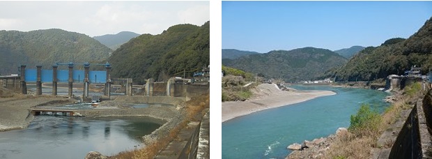 左：撤去が始まった頃の様子　右：ダムがなくなった球磨川の様子
(熊本県企業局・荒瀬ダム撤去紹介記事・パンフレットより抜粋)