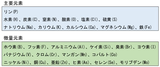 必須元素の種類（主要元素と微量元素）