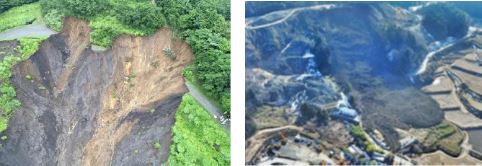 左：静岡県熱海市の土石流起点の盛土部崩壊(静岡県)
右：大阪府豊能町の建設残土崩落(毎日新聞社)　