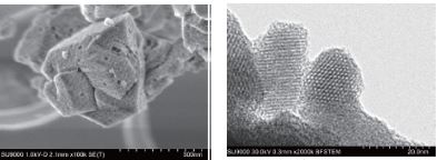 左：走査型の電子顕微鏡でみたゼオライトの表面の様子
右：透過型の電子顕微鏡でみたゼオライトのミクロな細孔の様子