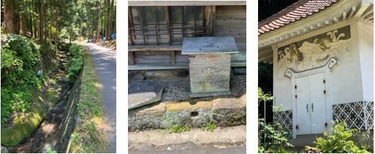 左：石見銀山・龍源寺間歩までの道周辺の様子
中：荷役用の家畜の轡（くつわ）を縛るため縁石に穿かれた穴
右：銀山の隆盛を偲ばせる蔵と豪華な鏝絵（こてえ）