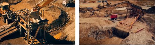 左：洗浄プラントによる砂金を含む土砂からの砂金回収（土砂の投入の様子）右：同上（流水による洗浄分級の様子）左右いずれもディスカバリーチャンネルGOLD RUSHのスクリーンショット