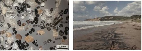 左：丸い磁鉄鉱が多く含まれるのが特徴的な島根県大田市鳥井海水浴場の砂粒、右：黒い縞模様のように砂鉄が濃集していることがわかる砂浜、左右いずれも、ミニガイドNo.34、砂浜をのぞいてみたら、大阪市自然史博物館、2021
