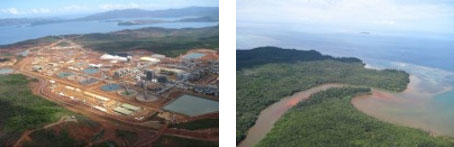 ニューカレドニアのニッケル製錬工場の全景（左）と川の汚染状況（右）