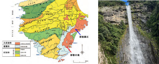 左：紀伊半島の地質での那智の滝と那智黒石の産地（紀伊半島の地帯区分の一部を加工）
右：那智の滝の柱状節理の様子
