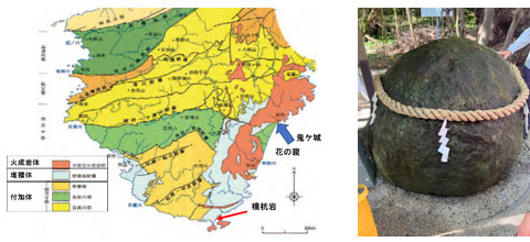 左：紀伊半島の地質での花の窟・鬼ケ城と橋杭岩の位置（紀伊半島の地帯区分の一部を加工）、右：花の窟に鎮座する丸石