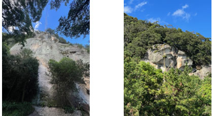 左：地上45mの御神体、右：自然に切れるまで残された大綱が見える岩窟
