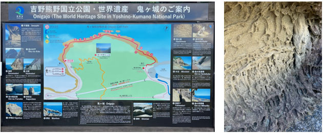 左：鬼ケ城の案内図、右：蜂の巣状構造