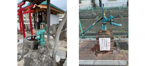 左：小さな神社の手水舎（ちょうずや、てみずや、てみずしゃ）を兼ねた手押しポンプのある井戸、右：防災時の利用を目的として設置された手押しポンプのある井戸、普段は近隣の家庭菜園の水やりなどに活用