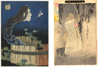 左：葛飾北斎の「さらやしき」
右：月岡芳年の「皿やしきお菊の霊」
（どちらの絵にも桶のような木組みが見え、特に左は竹ノ輪で締めているのが分かる。）