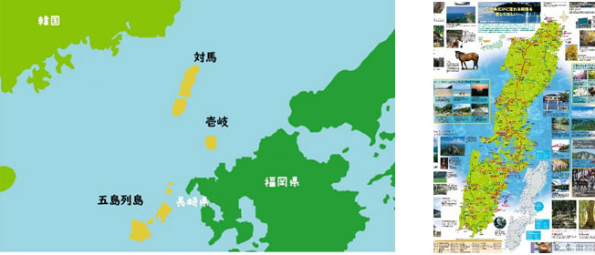 左:壱岐・対馬・五島列島の位置関係, 右:対馬全図(対馬観光物産協会・対馬まるわかりガイドブックより抜粋)