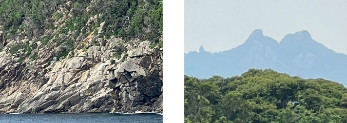 左:島のいたる所で見られる堆積岩の様子、右:硬い岩石でできた尖った山々(画像の奥の山並み)の様子