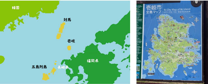 左:壱岐・対馬・五島列島の位置関係、右:壱岐市全島マップ