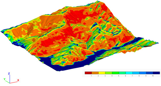図3 局所安全率分布(水平震度0.2、-y方向、C=1MPa、φ=0)