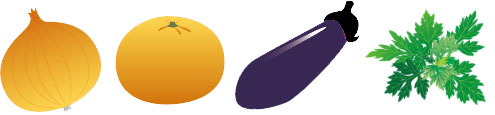 身近な草木染の材料例（玉ねぎ、みかん、ナス、ヨモギ）