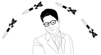 糸川氏とペンシルロケットイメージ